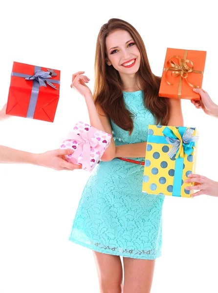 Beautiful young woman with present boxes isolated on white — Stock Photo, Image