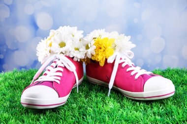 parlak zemin üzerine yeşil çimenlerin üstünde çiçekli güzel lastikbotlar