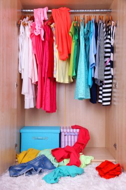 Female clothes on hangers in wardrobe