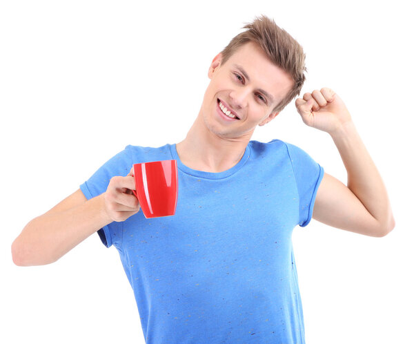 Portrait of handsome young man with cup, isolated on white