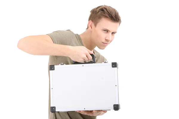 Jeune homme beau avec valise métallique, isolé sur blanc — Photo