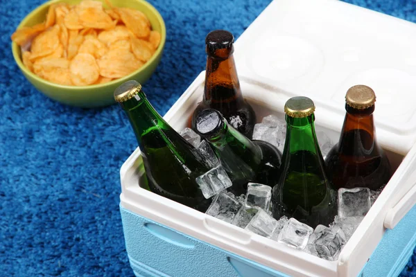 Ice chest full of drinks in bottles on color carpet background — Stock Photo, Image