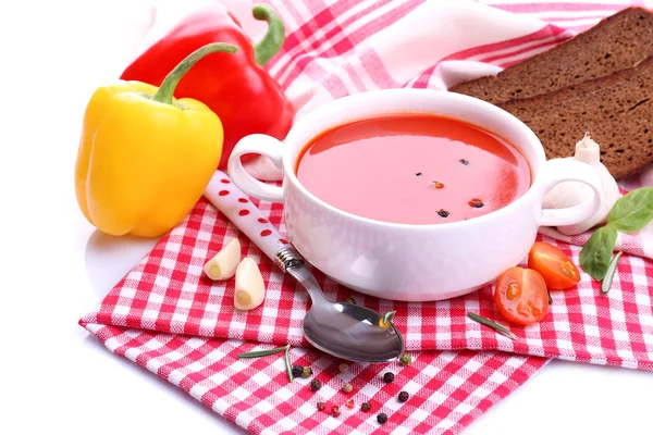 Tasty tomato soup and vegetables, isolated on white — Stock Photo, Image