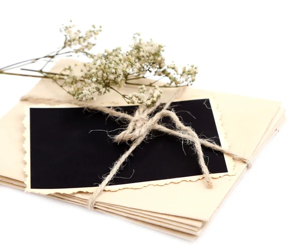 Blank vecchia foto, lettere e fiori secchi, isolato su bianco — Foto Stock