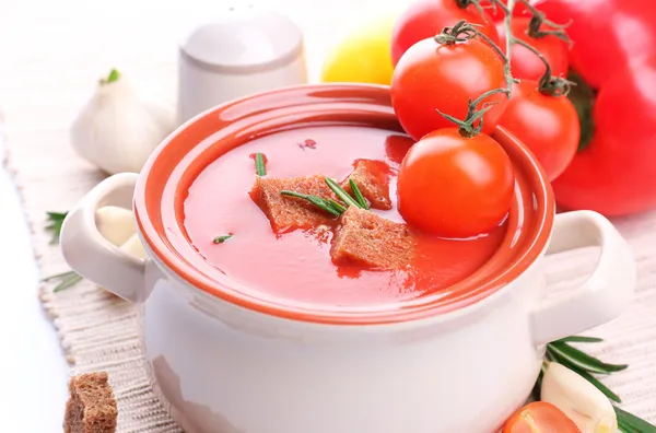 Gustosa zuppa di pomodoro e verdure, isolata su bianco — Foto Stock