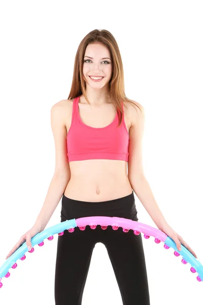 Woman doing exercises with hula hoop isolated on white — Stock Photo, Image