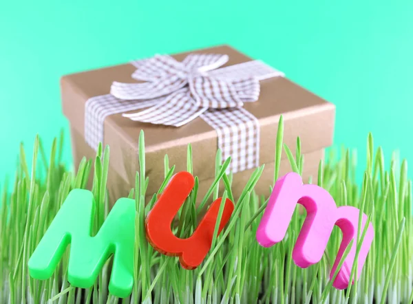 Caixa de presente para a mãe na grama no fundo de cor — Fotografia de Stock