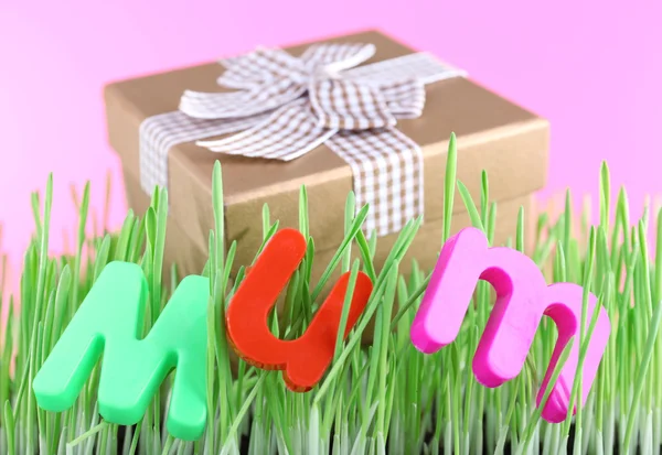 Caja de regalo para mamá en la hierba en el fondo de color — Foto de Stock