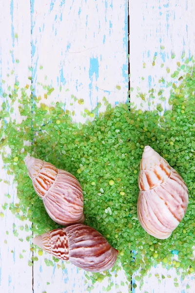 Cristaux de sel de mer avec coquillages de mer sur fond en bois couleur — Photo