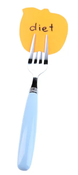Obs papper med meddelande bifogas gaffel, isolerad på vit — Stockfoto