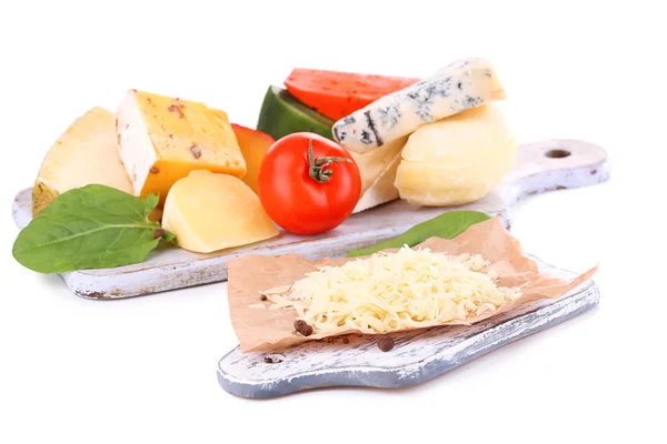 Different Italian cheese on wooden board, isolated on white — Stock Photo, Image
