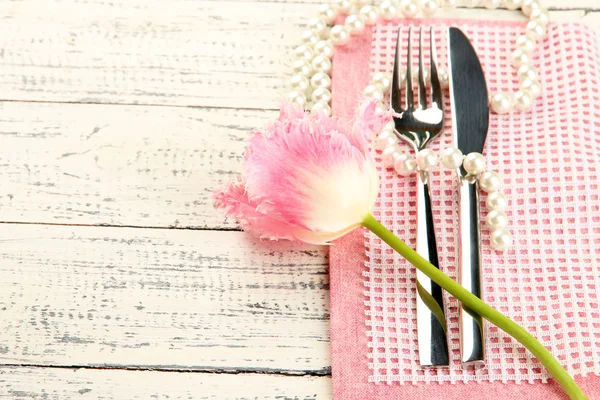 Table place setting with decorations on color wooden background — Stock Photo, Image