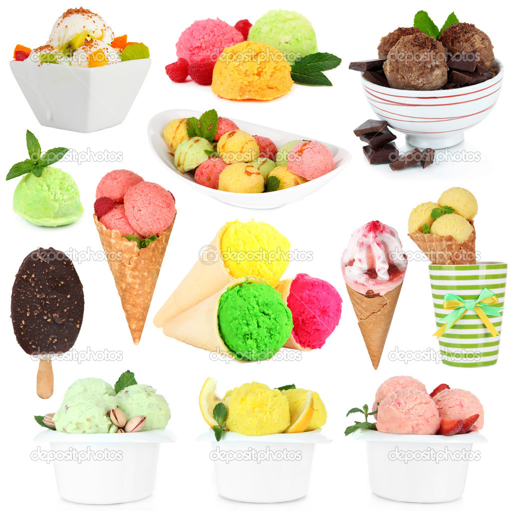 Collage of different sorts ice-cream isolated on white