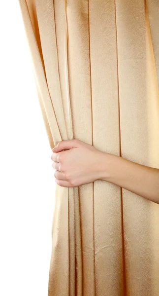 Hand opening curtain isolated on white — Stock Photo, Image