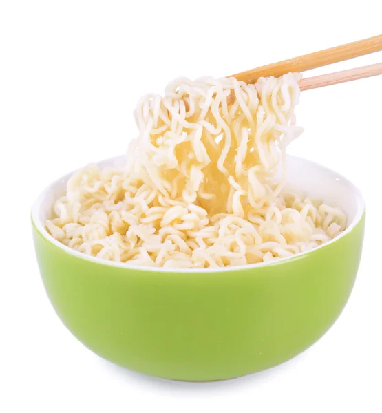 Tasty instant noodles in bowl isolated on white — Stock Photo, Image