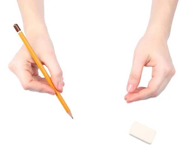 Menschliche Hände mit Bleistift und Radiergummi, isoliert auf weiß — Stockfoto