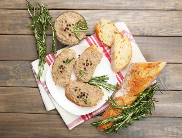 Fresh pate with bread on wooden table — Stock Photo, Image