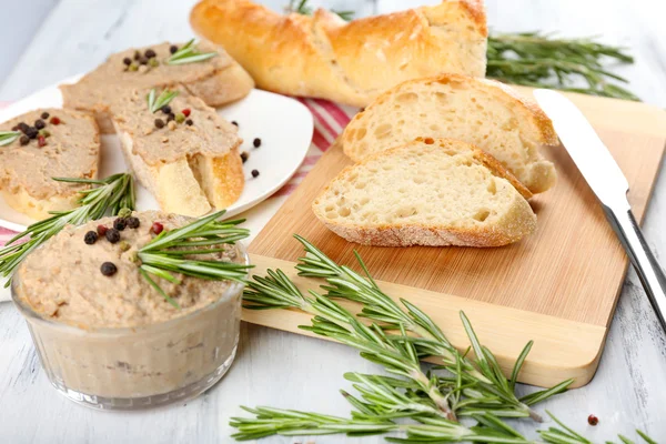 Fresh pate with bread on wooden table — Stock Photo, Image