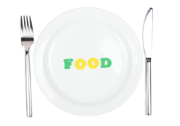 Plaat met inscriptie voedsel geïsoleerd op wit — Stockfoto