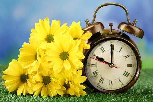 Alarm clock on green grass, on nature background — Stock Photo, Image