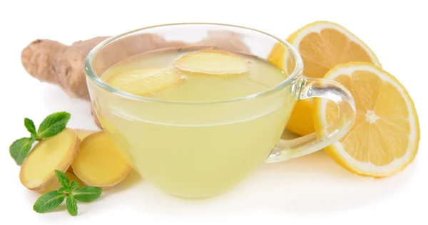 Здоровий імбирний чай з лимоном і медом ізольовано на білому — стокове фото