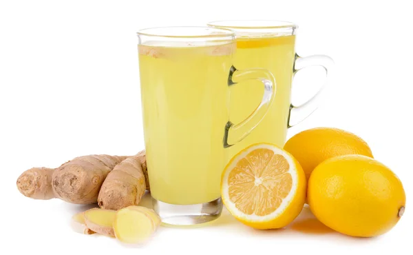 Té de jengibre saludable con limón y miel aislados en blanco —  Fotos de Stock