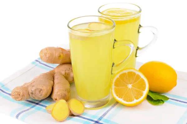 Tè allo zenzero sano con limone e miele in tavola primo piano — Foto Stock