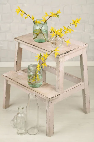 Beautiful Forsythia blossom in transparent jars on grey wall background — Stock Photo, Image