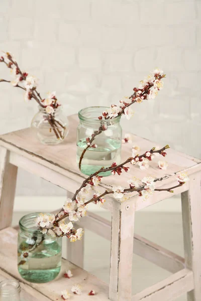 Beautiful apricot blossom in transparent jars on grey wall background — Stock Photo, Image