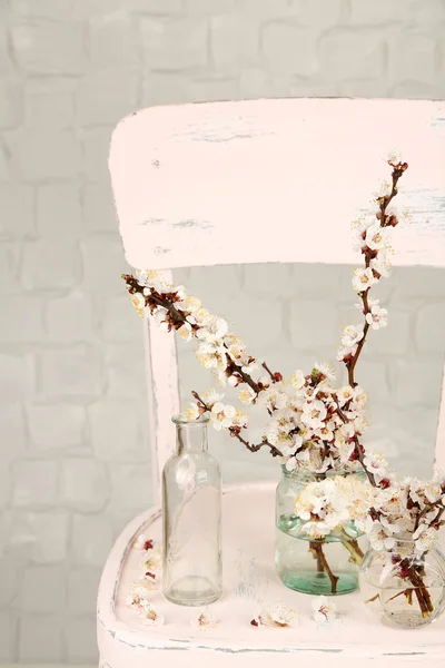Hermosa flor de albaricoque en frascos transparentes sobre fondo de pared gris —  Fotos de Stock