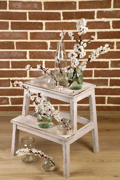 Beautiful apricot blossom in transparent jars on brick wall background — Stock Photo, Image