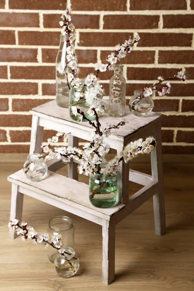 Beautiful apricot blossom in transparent jars on brick wall background — Stock Photo, Image