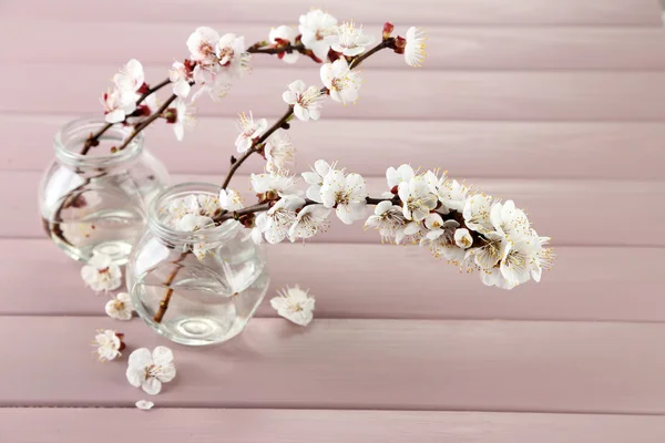 Hermosa flor de albaricoque en frascos transparentes sobre fondo de madera —  Fotos de Stock