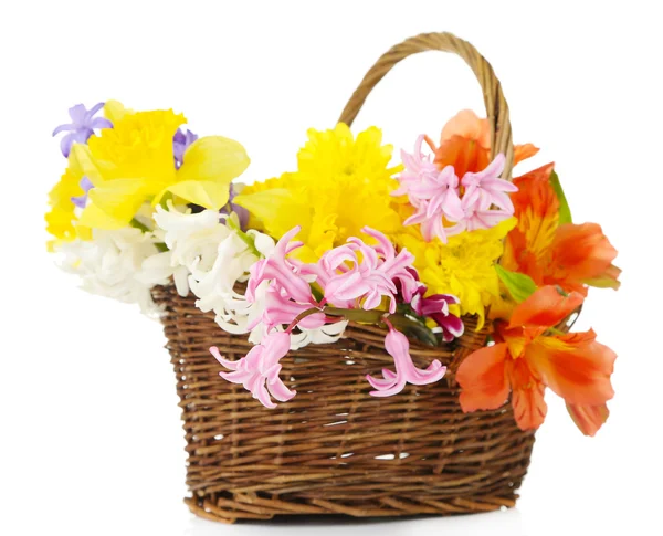 Mooie bloemen in rieten mand, geïsoleerd op wit — Stockfoto