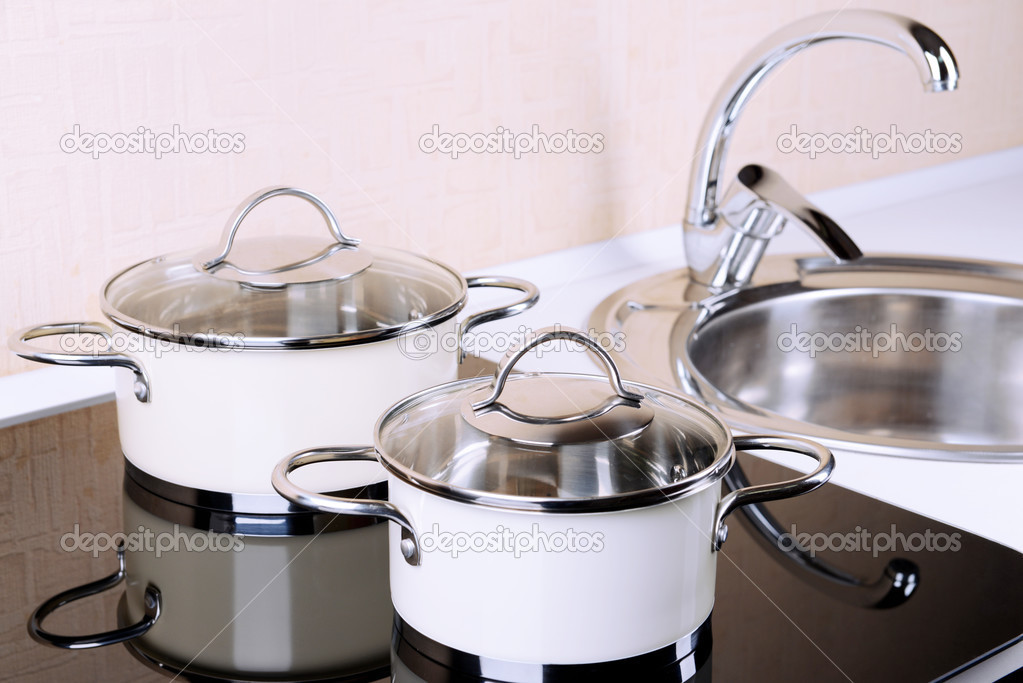 Pots on stove in kitchen