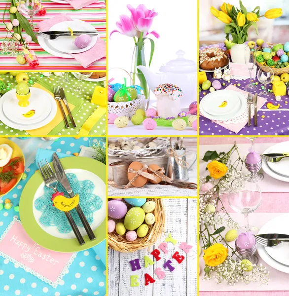 Collage de Pascua con huevos de Pascua y puesta de mesa — Foto de Stock