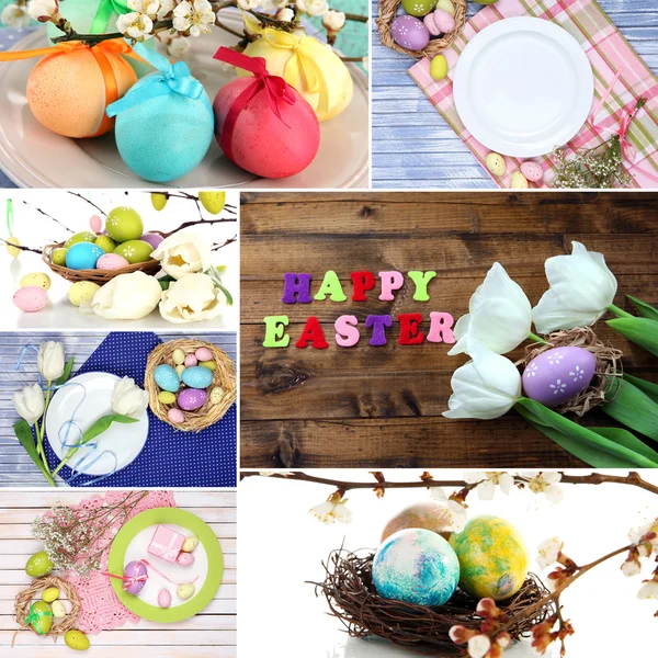 Paskalya Paskalya yumurtaları ve Tablo ayarı ile kolaj — Stok fotoğraf