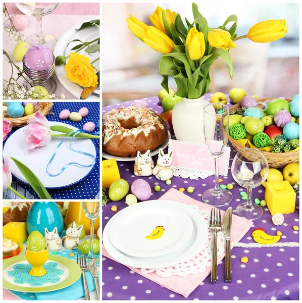 Pasen collage met Pasen eieren en instelling van tabel — Stockfoto