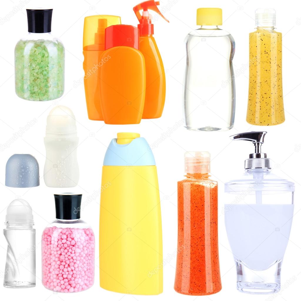 Collage of cosmetic bottles isolated on white