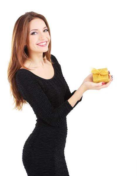 Atractiva mujer con caja de regalo, aislada en blanco — Foto de Stock