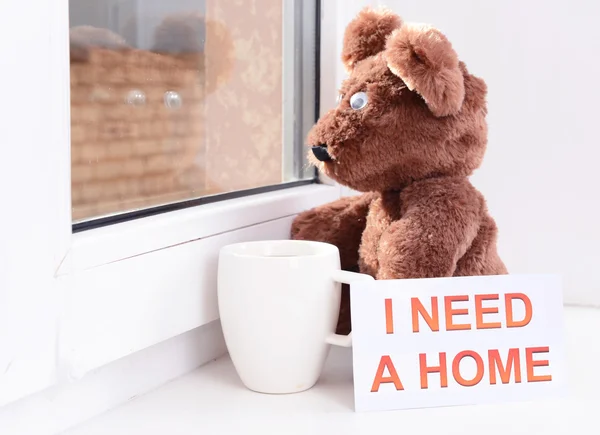 Toy-bear looking out window close-up — Stock Photo, Image