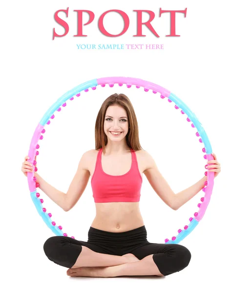 Woman doing exercises with hula hoop isolated on white — Stock Photo, Image