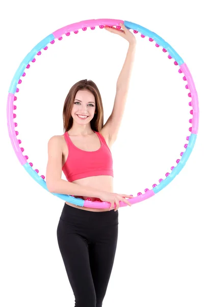 Woman doing exercises with hula hoop isolated on white — Stock Photo, Image