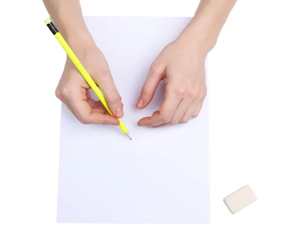 Human hands with pencil and erase rubber, isolated on white — Stock Photo, Image