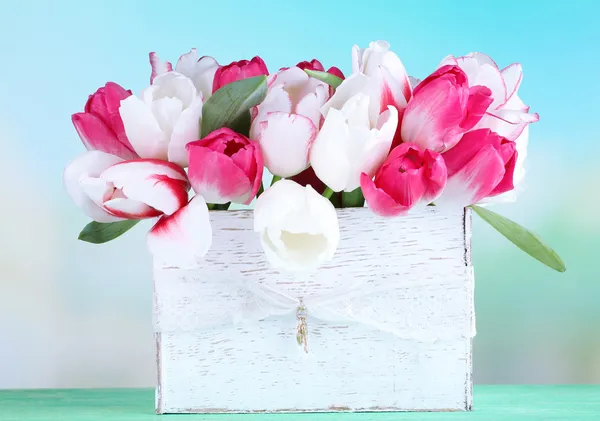 美丽的郁金香，在明亮的背景上的木盒子里 — 图库照片