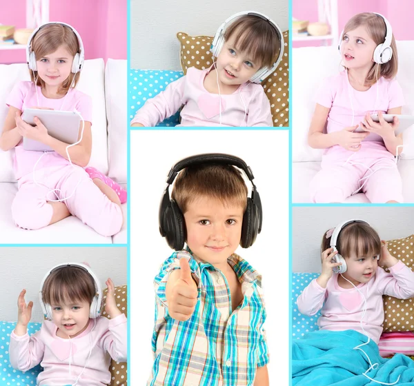 Collage de niños lindos con auriculares — Foto de Stock