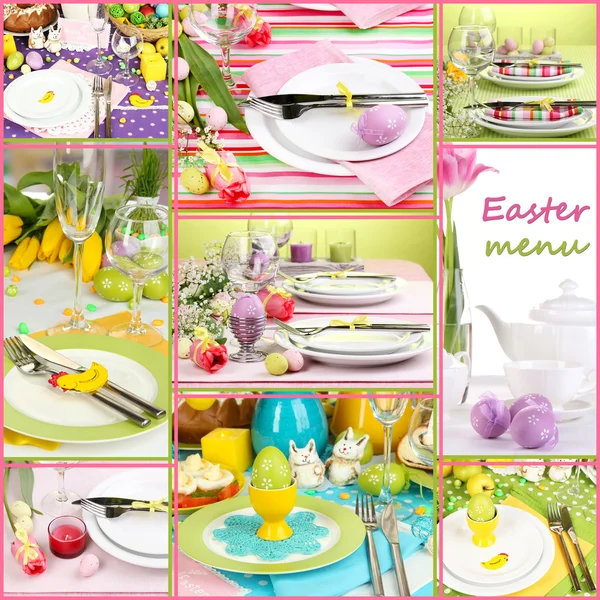 Easter collage with easter eggs and table setting — Stock Photo, Image