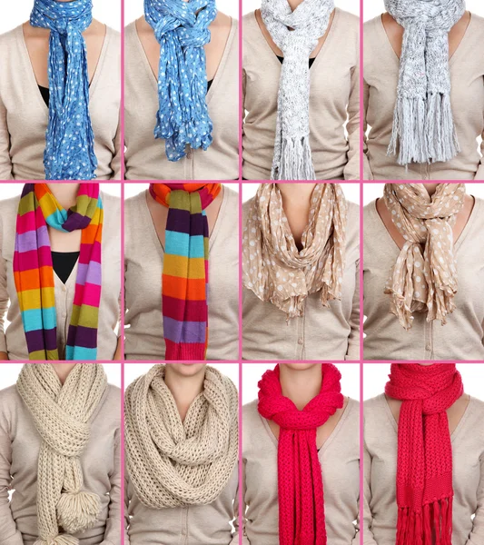 Collage aus 12 Möglichkeiten, Schals zu binden — Stockfoto