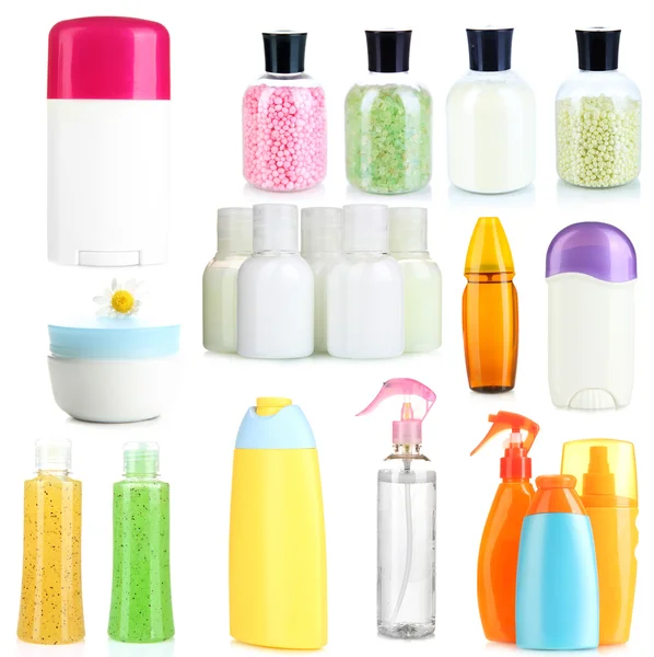Colagem de garrafas cosméticas isoladas em branco — Fotografia de Stock