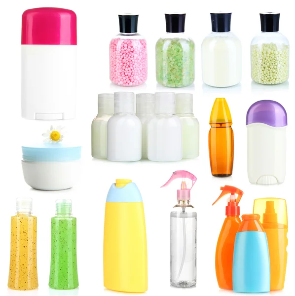 Collage of cosmetic bottles isolated on white — Stock Photo, Image